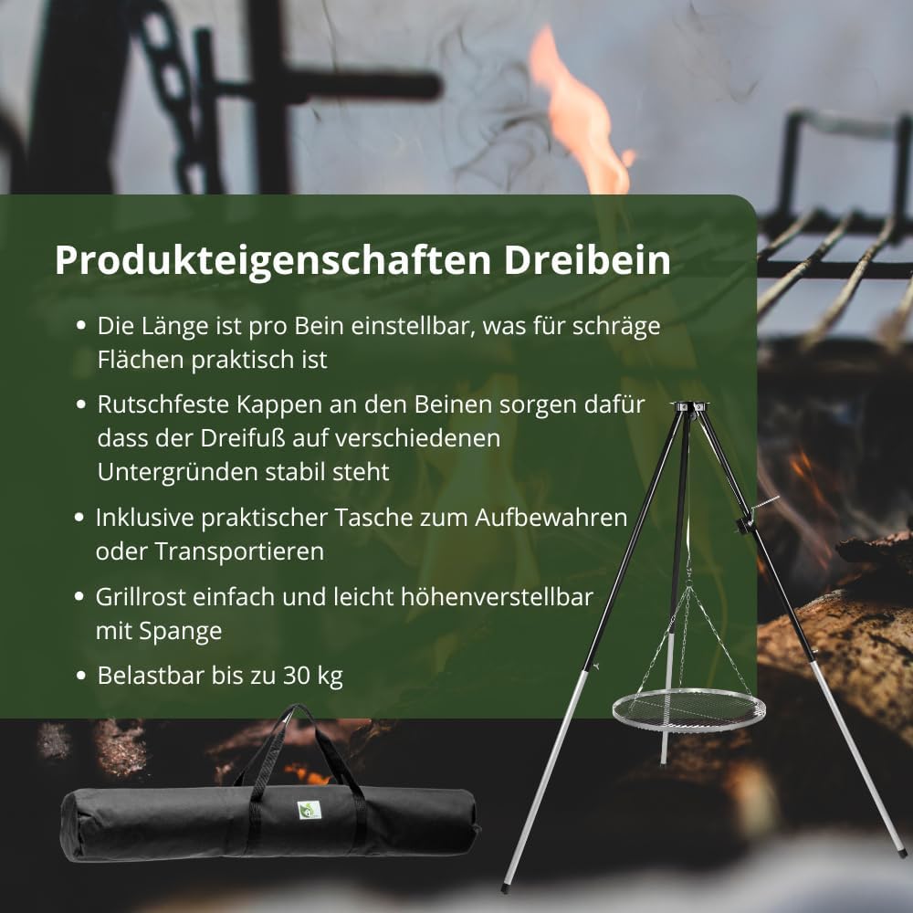 DREIBEIN SCHWENKGRILL mit Kurbel und EDELSTAHL GRILLROST 50 cm mit TASCHE
