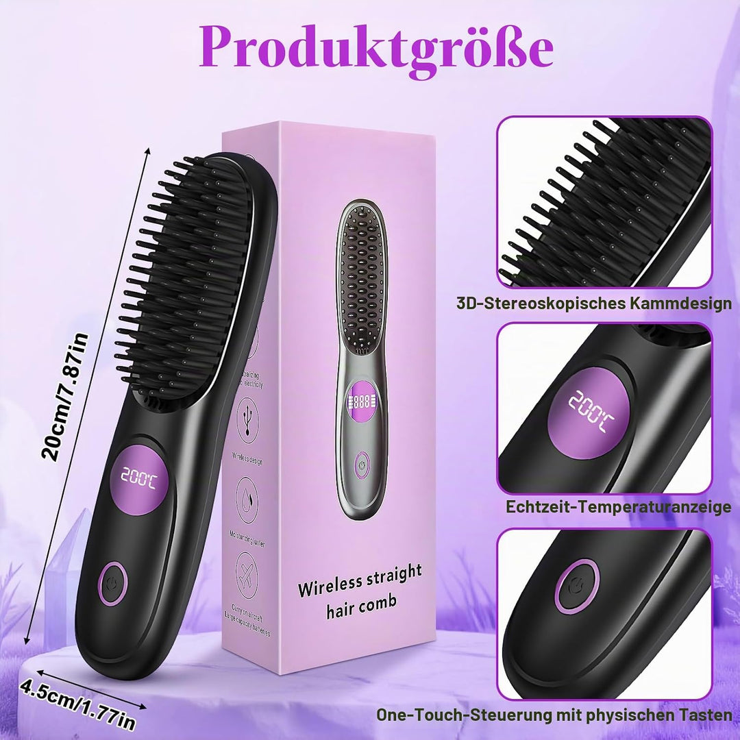 Tragbarer Stylingbürste, Stylingbürste für Kurze Haare, Glättbürste Kabellos mit 3 Temperaturen Vers