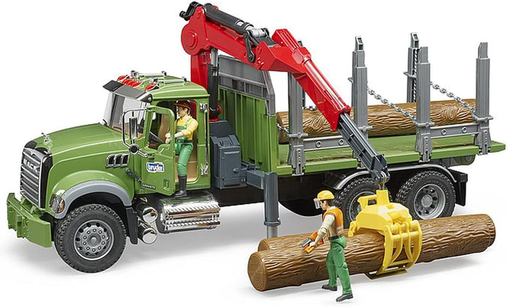 bruder 02824 - Mack Granite Holztransport-LKW mit Ladekran, Greifer & 3 Baumstämmen - 1:16 Holztrans