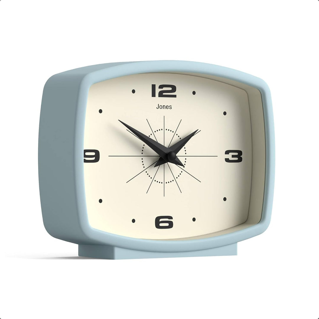 JONES CLOCKS® Schreibtischuhr 'Film' – rechteckiges Retro-Design in Blau, Cooler Look für Regal, Tis