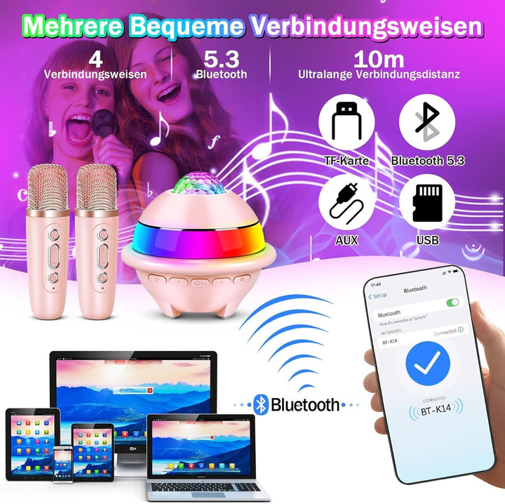 JONRRYIN Karaoke Anlage mit 2 Mikrofonen, Tragbare Bluetooth Karaoke Maschine Kinder mit Disco Licht