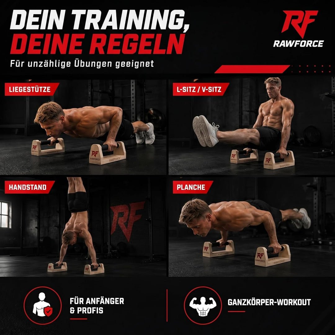 RawForce 2x Liegestützgriffe aus Holz - Joint-Friendly & Rutschfest - Parallettes Push Up Bar - Hand