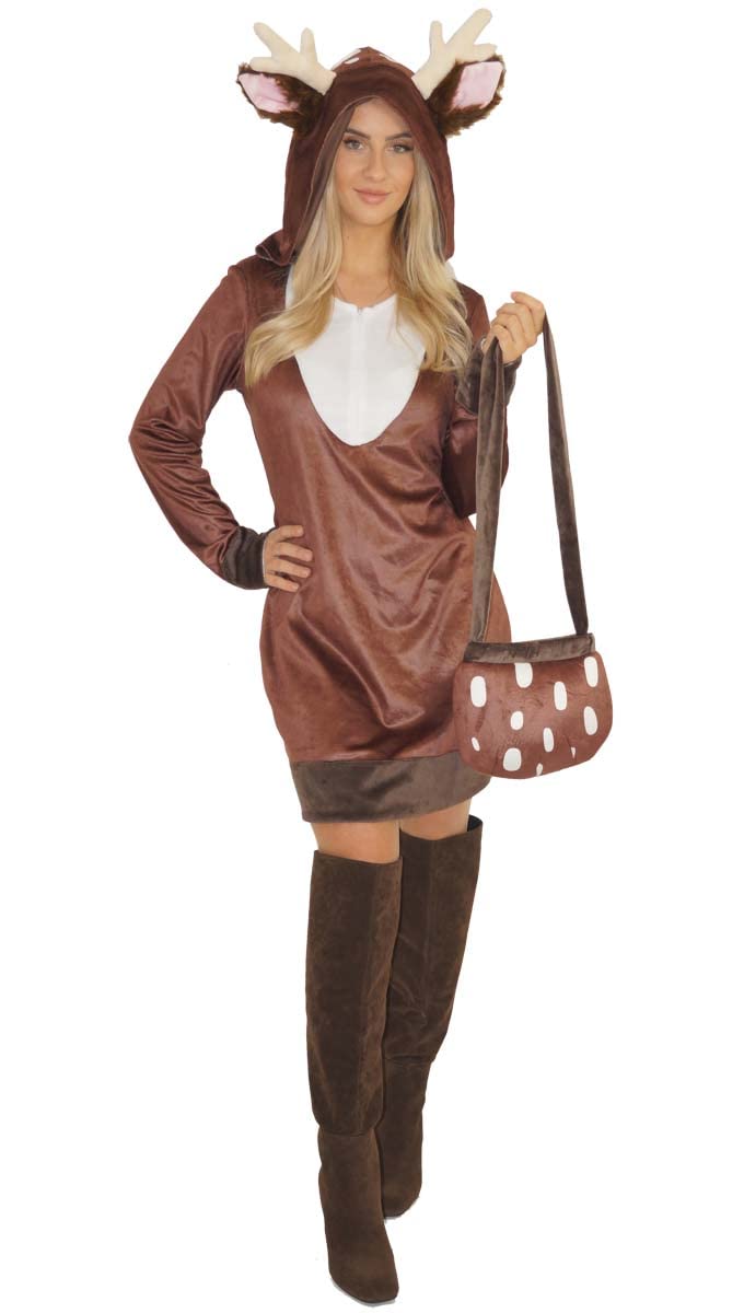 MAYLYNN Damen Reh Rentier Kostüm, 2-teilig: Kleid und Handtasche, Winter Weihnachtskostüm XS, XS