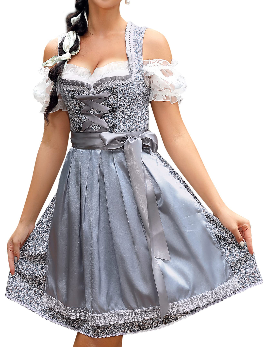 KOJOOIN Damen Dirndl Trachtenkleid Kurz Set 3tlg. für Oktoberfest inkl. Dirndl Kleid,Dirndlschürze,D