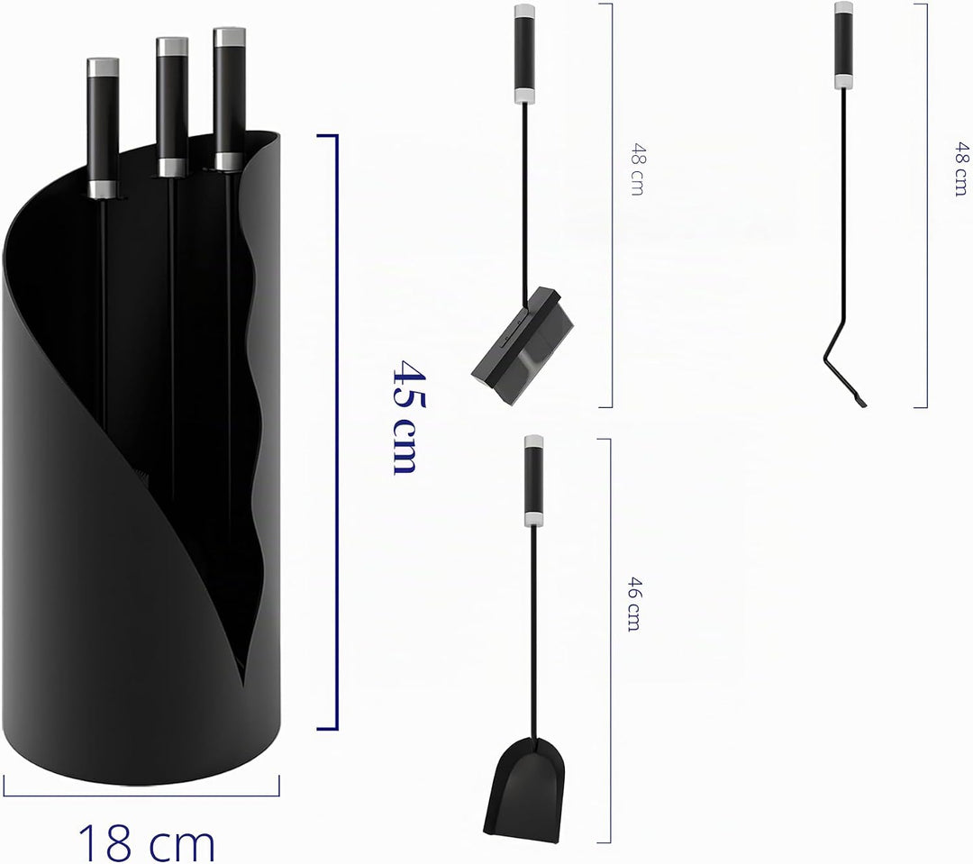 Kingson Kaminbegleiter-Set 3-teilig - Modernes Kaminbesteck mit Bürste, Schaufel & Schürhaken - Rund