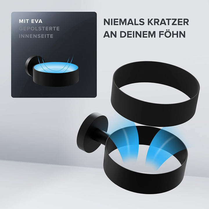 Haartrocknerhalter Kvitoya | Edelstahl | schwarz matt | mit Wandmontage zum Bohren | mit Fönpolsteru