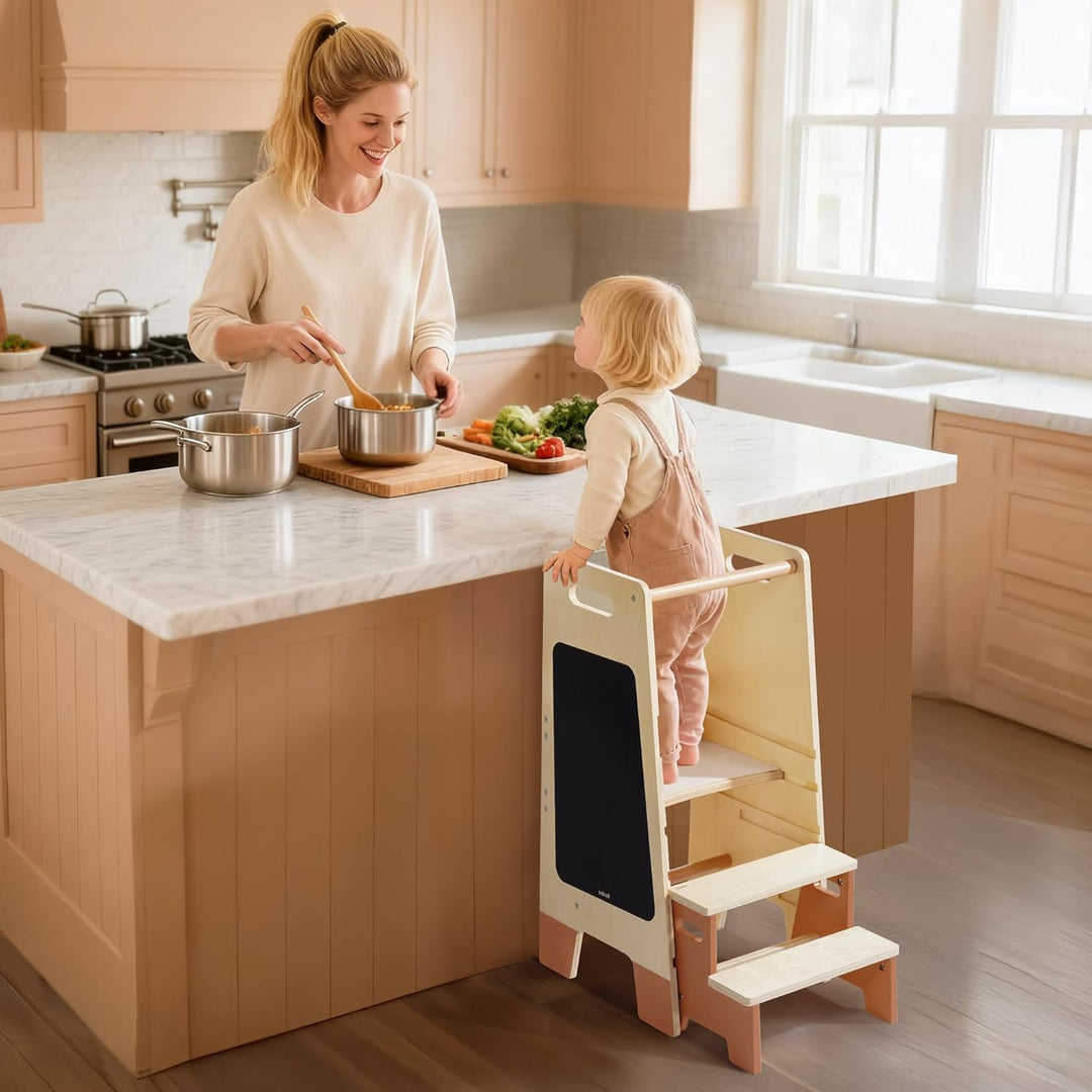 ROBUD Lernturm für Kleinkinder mit abnehmbarem Tritthocker, 2-in-1 Lernturm aus Holz mit Tafel, 3-fa