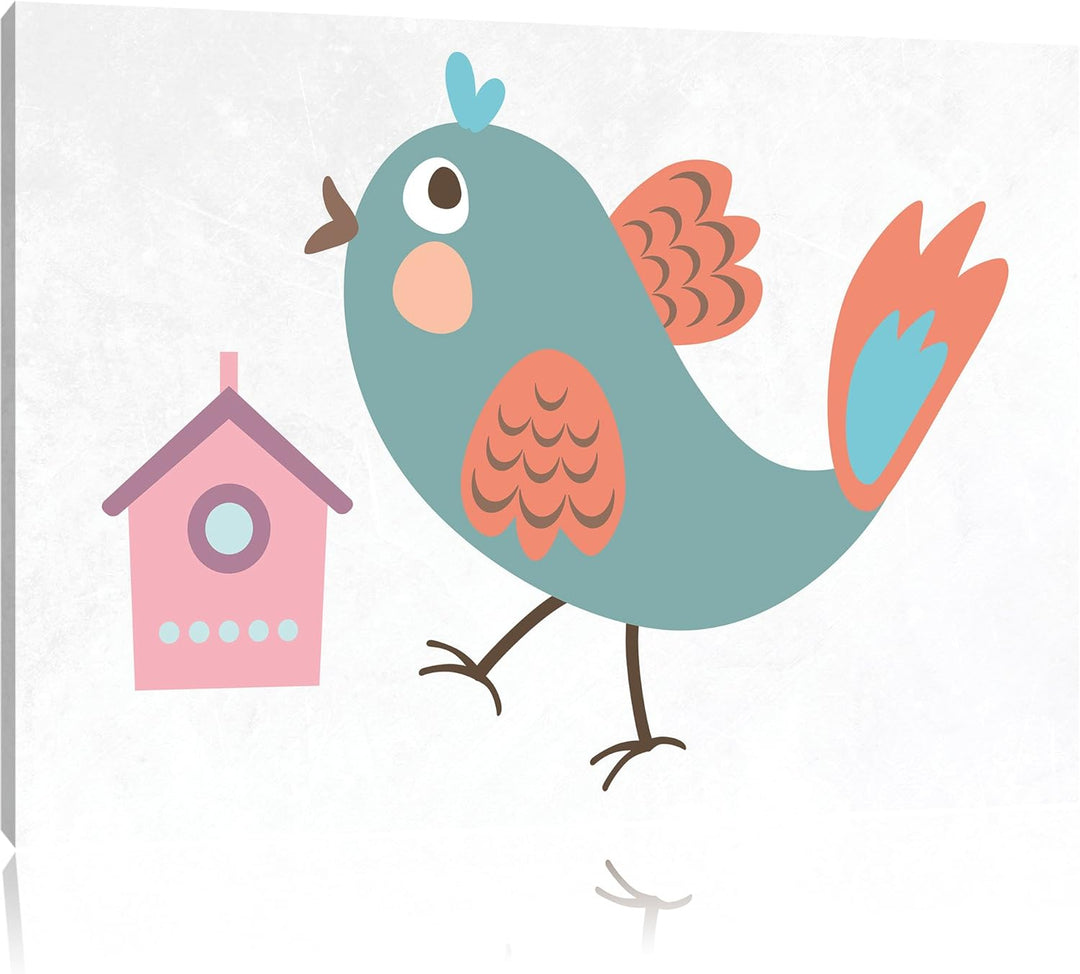 Pixxprint Niedlicher Vogel mit Vogelhäuschen / 100x70cm Leinwandbild bespannt auf Holzrahmen/Wandbil