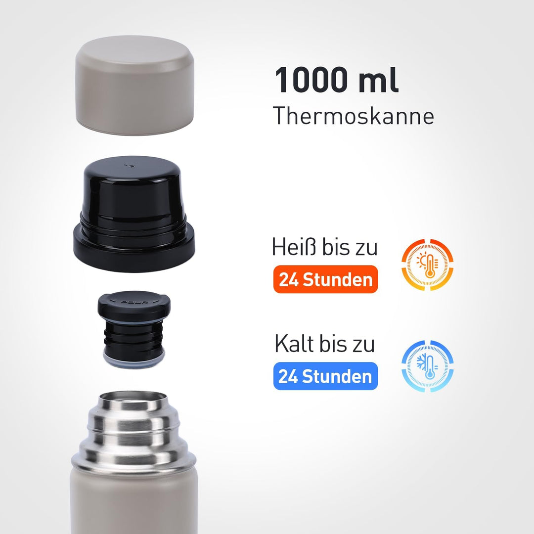 SANTECO Thermoskanne Thermosflasche Edelstahl 1l, 500ml, Auslaufsicher Isolierflasche mit Trinkbeche