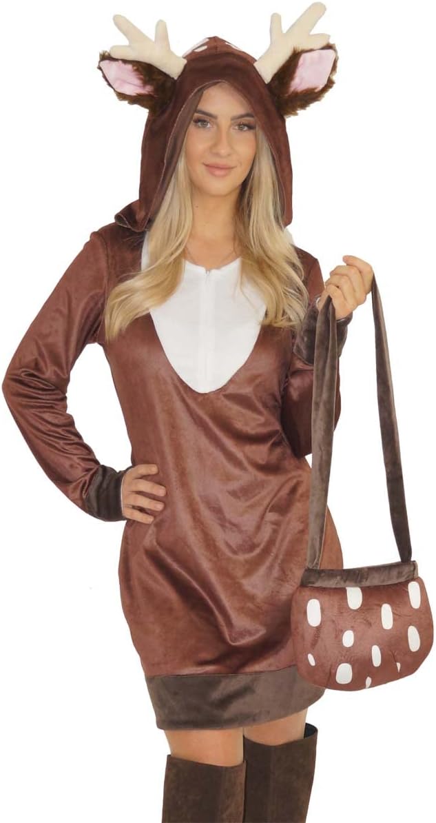 MAYLYNN Damen Reh Rentier Kostüm, 2-teilig: Kleid und Handtasche, Winter Weihnachtskostüm XS, XS