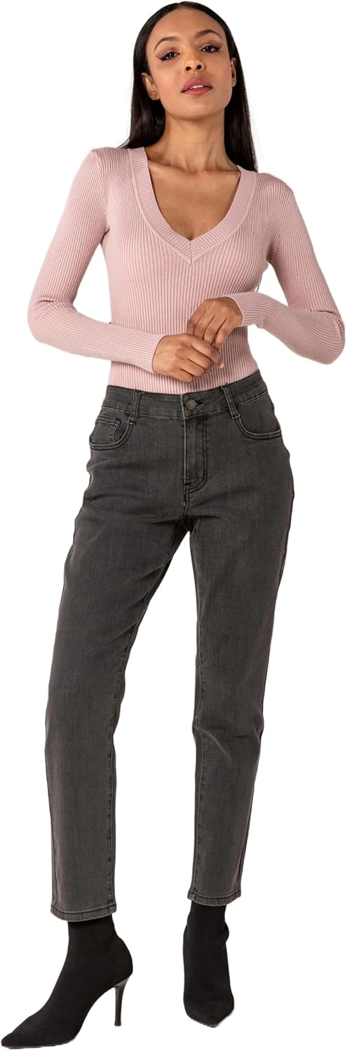 Nina Carter Q1806 Damen Boyfriend Jeanshosen HIGH Waist Used-Look Jeans Waschungseffekt XS Dunkelgra