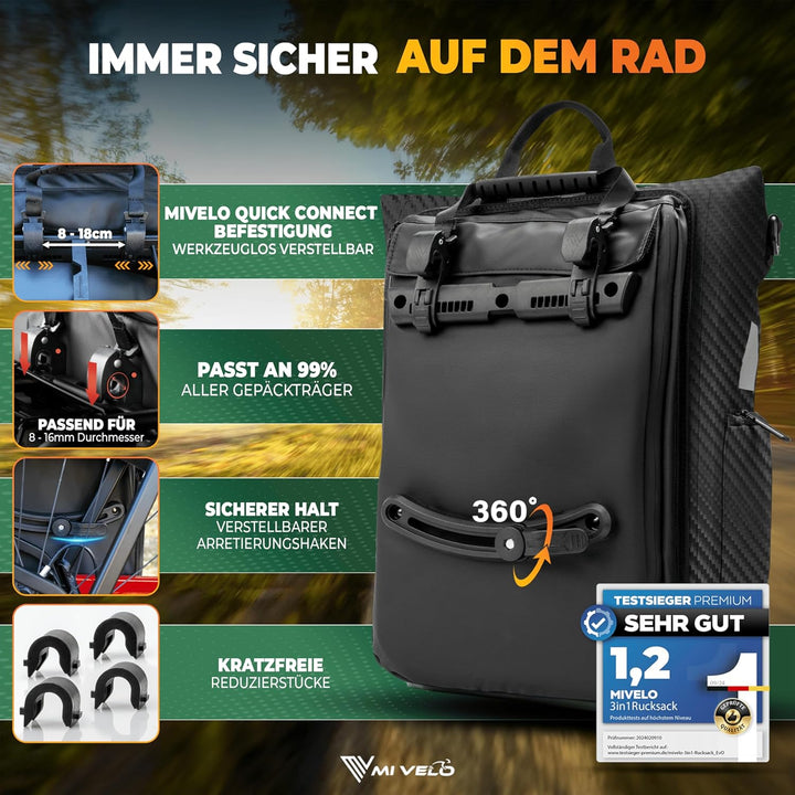 MIVELO 3in1 Fahrradtasche für Gepäckträger I Rucksack &amp; Gepäckträgertasche hinten - in 15 Sekunden u