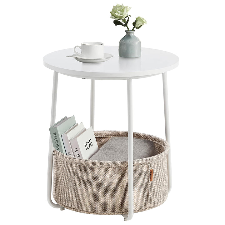 VASAGLE Beistelltisch rund, Kleiner Tisch, Couchtisch klein, Wohnzimmertisch mit Korb aus Stoff, vie