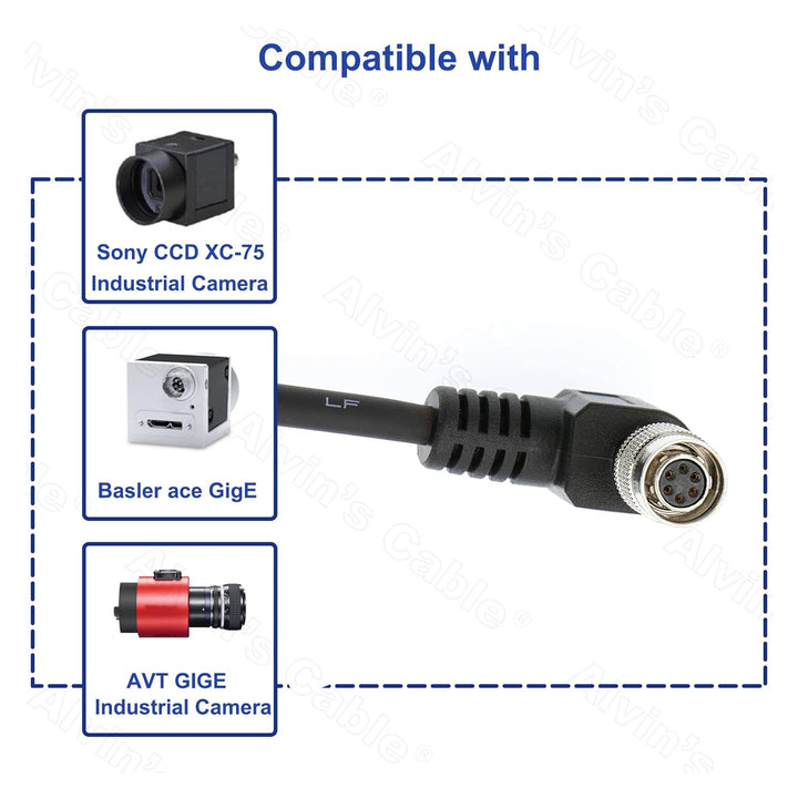 Alvin's Cables Hirose 6 Pin HRS HR10A-7P-6S Rechter Winkel zum offenen Stromkabel für Basler 1M 1M C