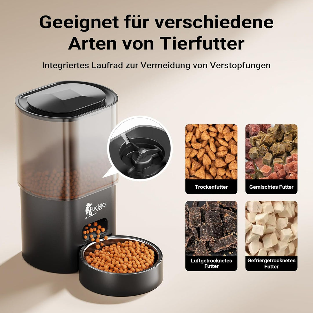Fudajo Futter- und Trinkautomat für Katzen & Hunde in Schwarz, 3 L Futterspender und 2,5 L Trinkbrun
