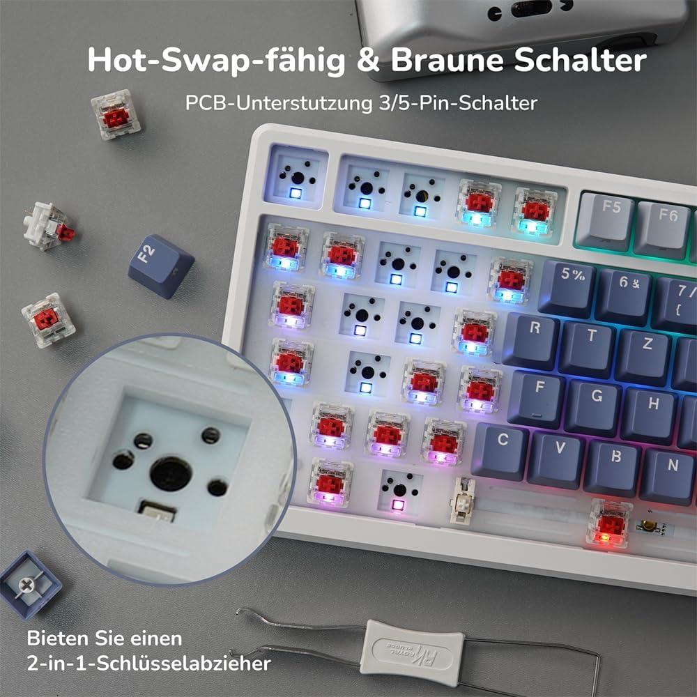 RK ROYAL KLUDGE M75 Gaming Tastatur kabellos 75% TKL Mechanische Tastatur RGB 2,4 GHz Wireless/Bluet