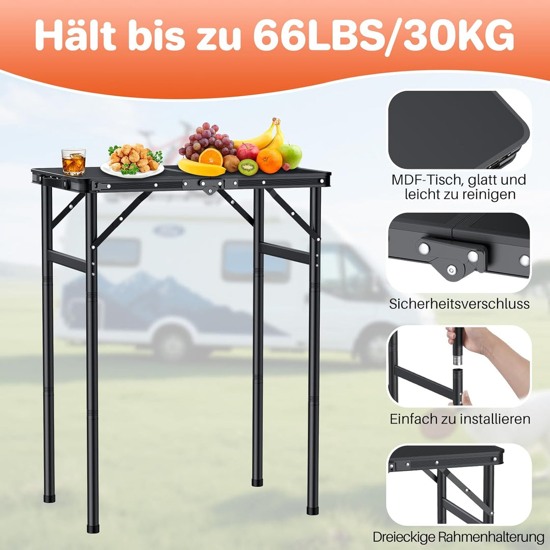 FUNYKICH Campingtisch Klapptisch 58x40cm, Faltbarer Grilltisch mit 3 Höhen Verstellbarer(27/51/75cm)