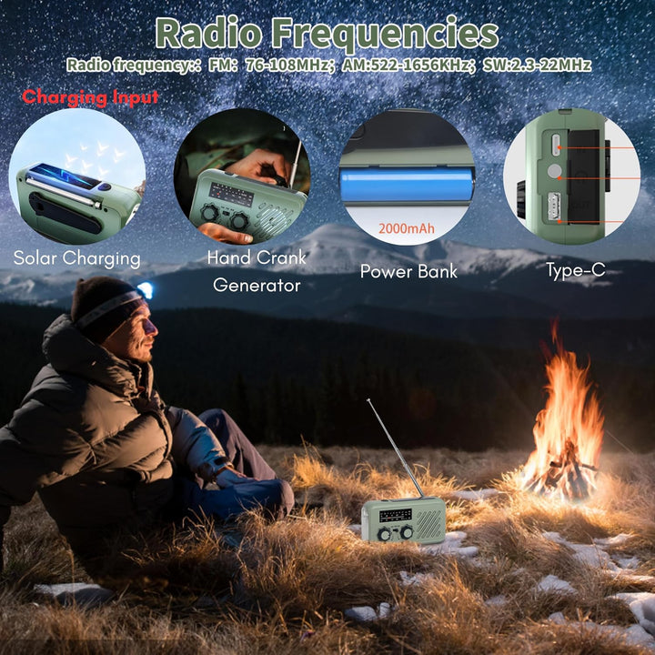 Kurbelradio Solar Kurbel Notfall Radio AM/FM Dynamo Notfallradio mit 2000 mAh Powerbank LED Licht fü