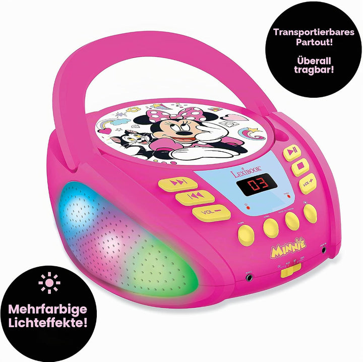 Lexibook RCD109MN Disney Minnie-Bluetooth-CD-Player für Kinder-Tragbar, Lichteffekte, Mikrofonbuchse