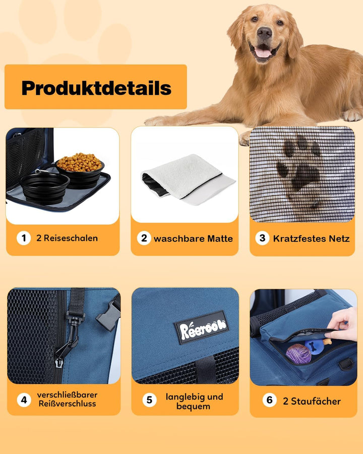 Reerooh Hundebox M 60x42x42cm, Faltbar Hundetransportbox Inkl.Hundenapf, Tragbare Hundetasche für Re