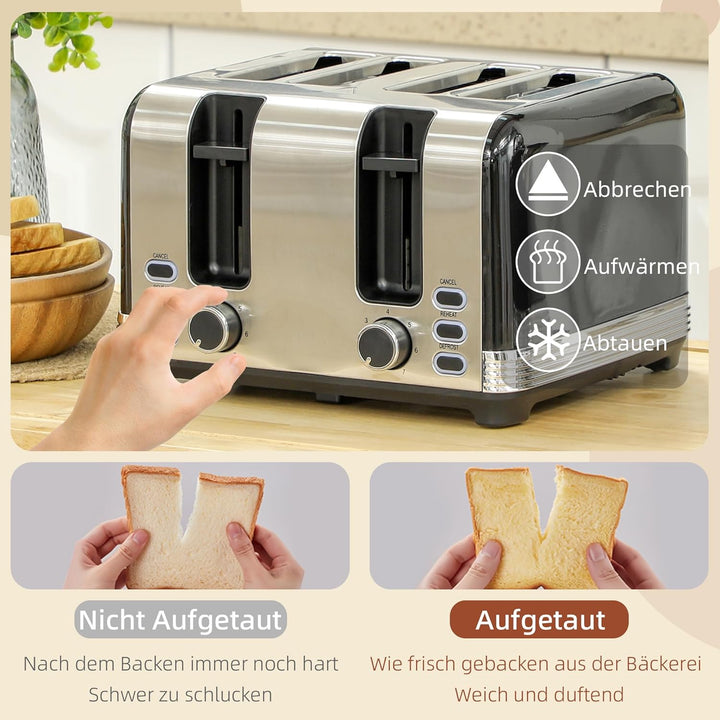 HOMCOM Wasserkocher Toaster Set Edelstahl 2200 W 1,7L Wasserkocher, 4 Scheiben Toaster, 7 Bräunungss
