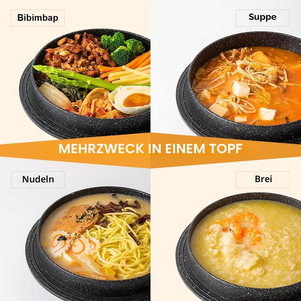 Koreanische Steinschale mit Deckel, 24 cm Dolsot Bibimbap Schale für Hot Pot Suppe - Schwarz Schwarz