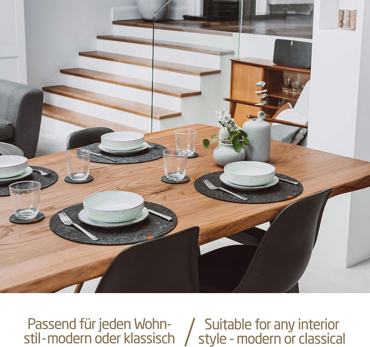 Miqio® Design Runde Tischsets aus Filz abwaschbar | Mit Marken Echtleder Label und Glasuntersetzer |