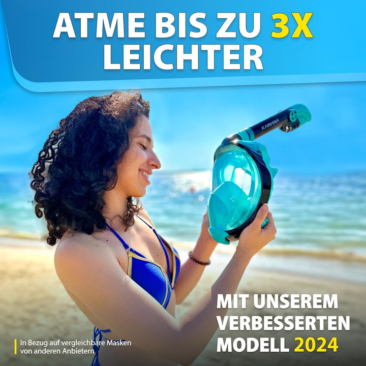 Die Preisgekrönte KAIMANA® Schnorchelmaske Kinder & Erwachsene - absolut CO₂ sicher - inkl. Tragetas