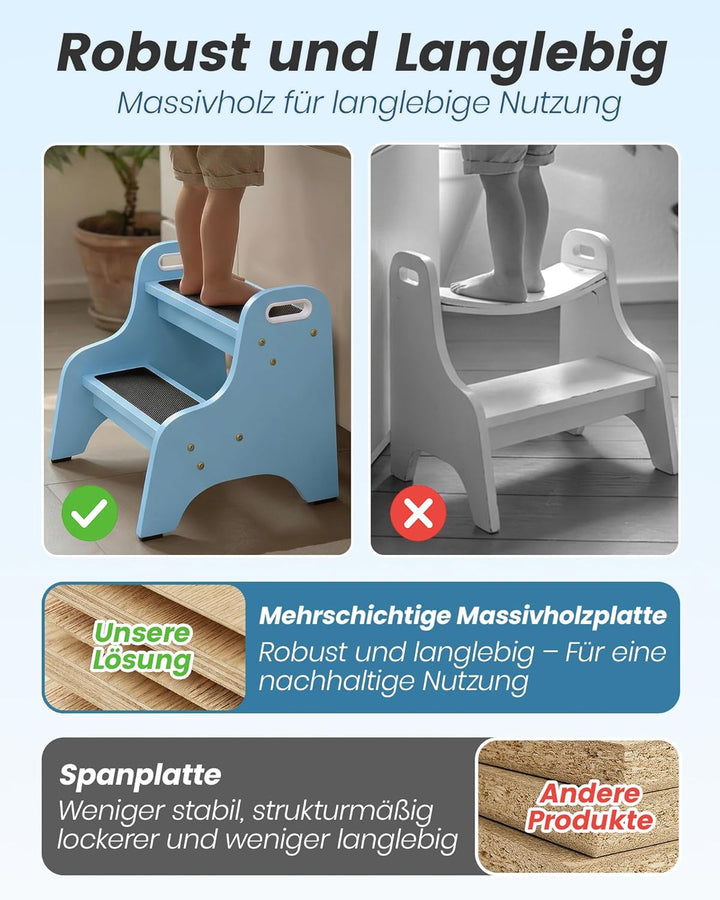 Tritthocker Kinder aus Holz – extra stabil & rutschfest, Anti-Rutsch Stufen, sichere Rundkanten, Fes