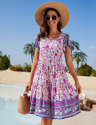 Damen Sommerkleider Knielang V-Ausschnitt Boho Kleid Kurzarm A Linie Tunika Strandkleider Sommer Ele