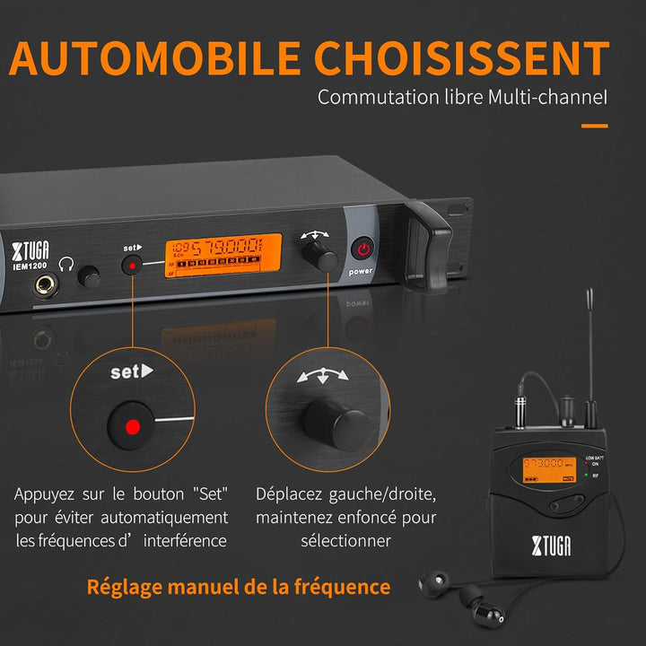 XTUGA Kabellose in-Ear-Rückgabesysteme mit Kopfhörertyp für Bühne und Gitarre, 4 Empfänger mit 2 Kan