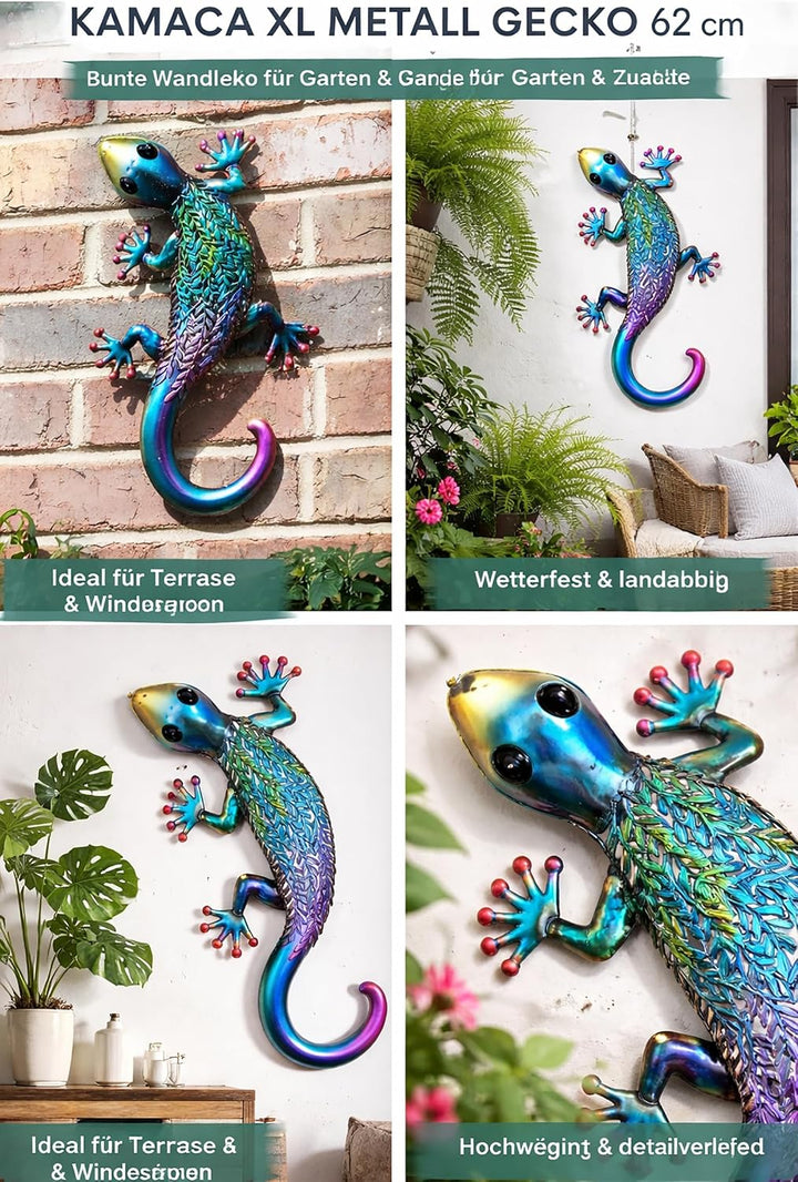 KAMACA XL Metall Gecko Wanddeko 62 cm – Grosse Gartenfigur Echse aus Metall, Garten Deko & Wanddeko