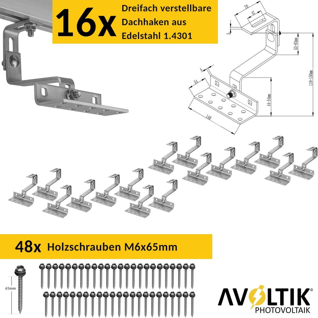 Avoltik Solar Halterung Ziegeldach I Set für 4 PV Module 30-45mm I Solarmodul Halterung Balkonkraftw