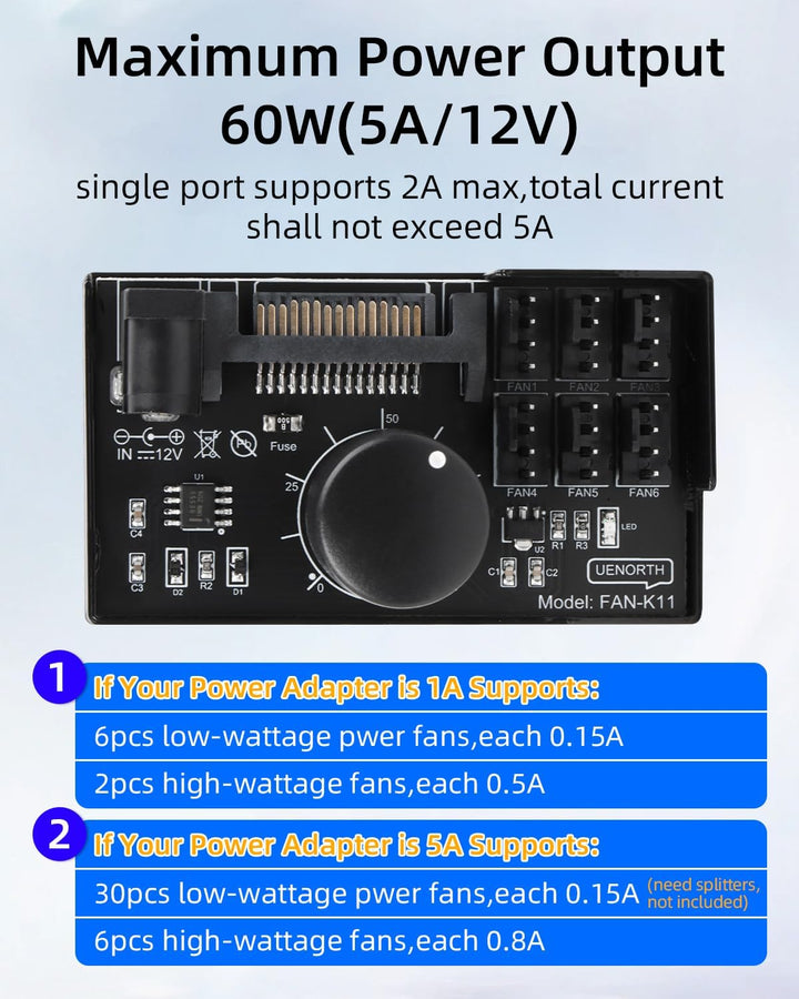 GELRHONR PWM-Lüfter-Hub Controller, 6-Port 4-Pin 12V PWM-PC-Lüftersteuerung, SATA und DC 5521 Strome