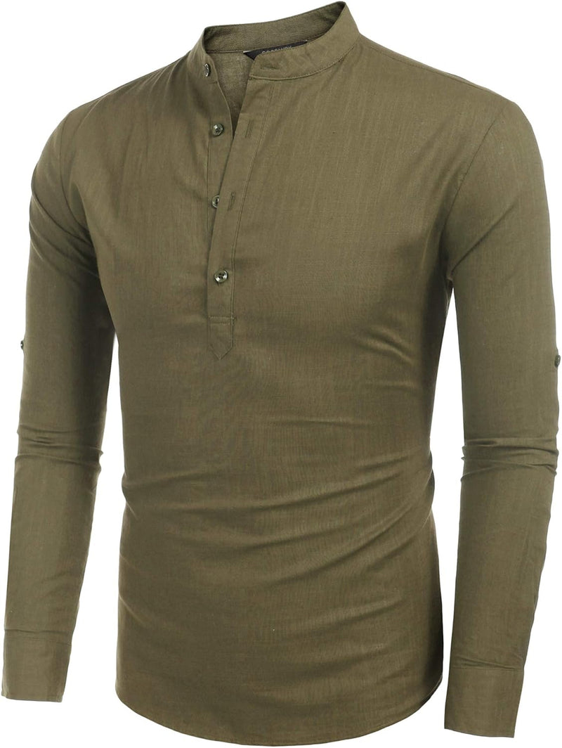 COOFANDY Hemd Herren Langarm Leinenhemd Baumwolle Henley Shirt Casual Regular Fit Sommerhemd S Armee