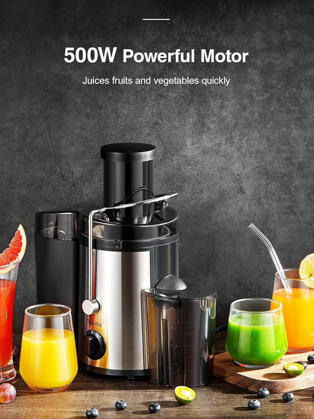 Reemix Entsafter Gemüse und Obst, Max Juicer Machine aus Edelstahl mit 3 Geschwindigkeitsstufen, 65m