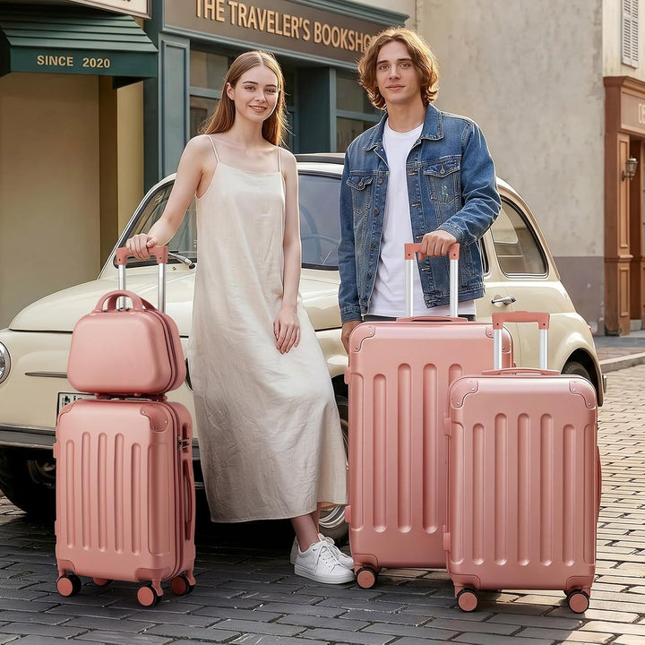LEADZM Koffer Set 4 teilig Hartschale mit Kosmetikkoffer (Roségold) | Kofferset mit verstärkten Ecke