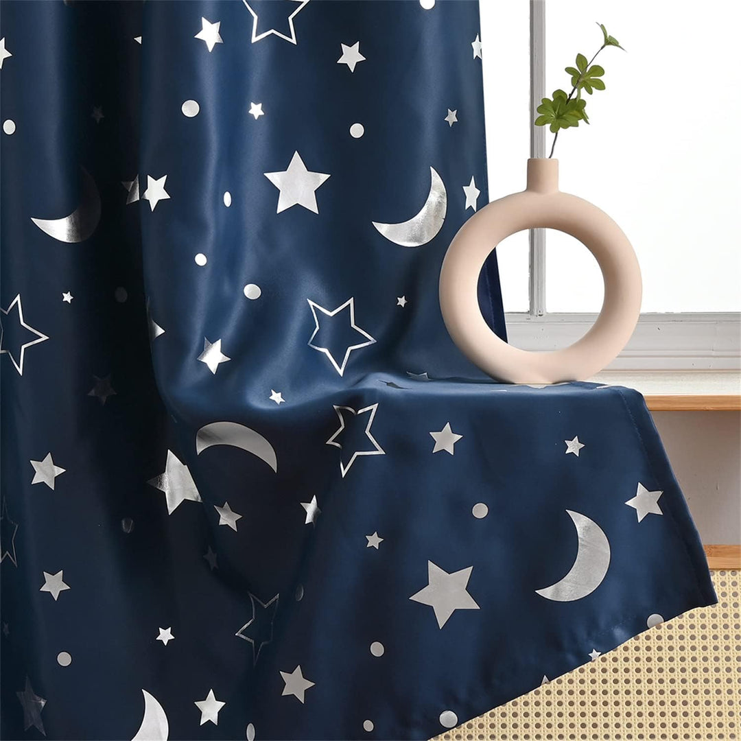 Freyamy Vorhang Blickdicht Dunkelblau Mond Sternenvorhänge 2 Stück,130x100cm (HxB) Niedliche Vorhäng