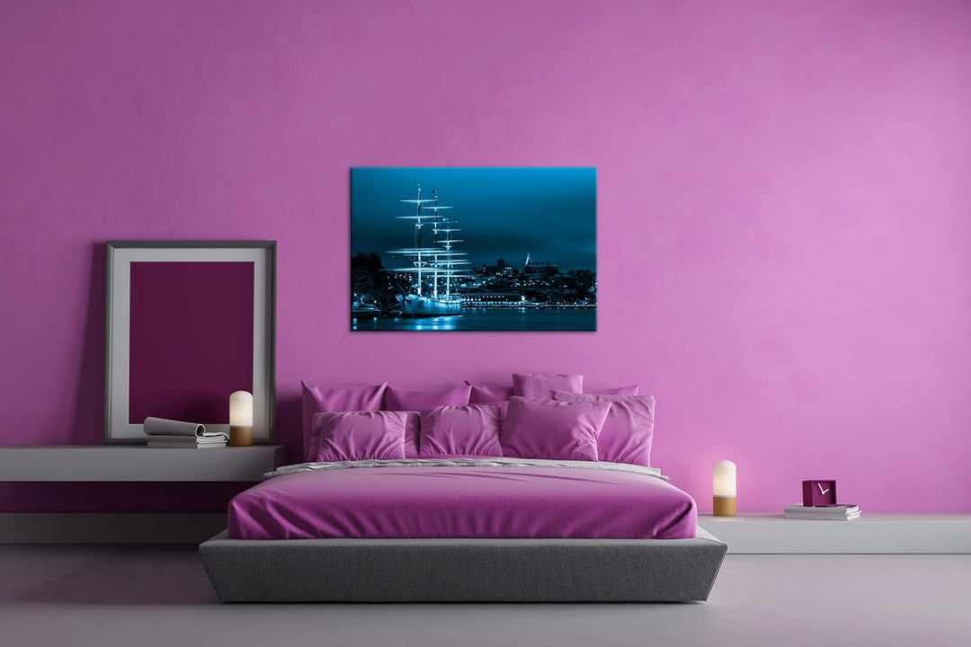 deyoli Segelboote im Hafen von Stockholm Format 80x60 Effekt: Monocrome Blau als Leinwandbild, Motiv