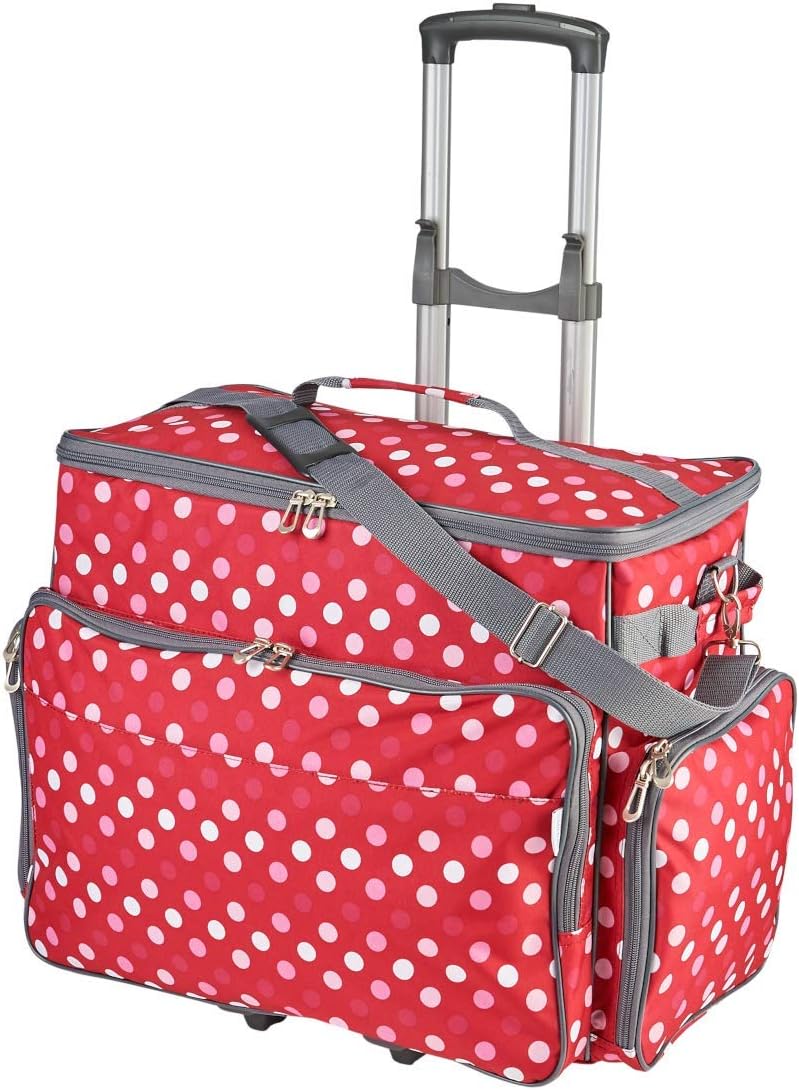 Sewing Online Mittlerer gepolsterter Nähmaschinen-Trolley auf Rollen aus rotem Stoff mit Tupfen, 47