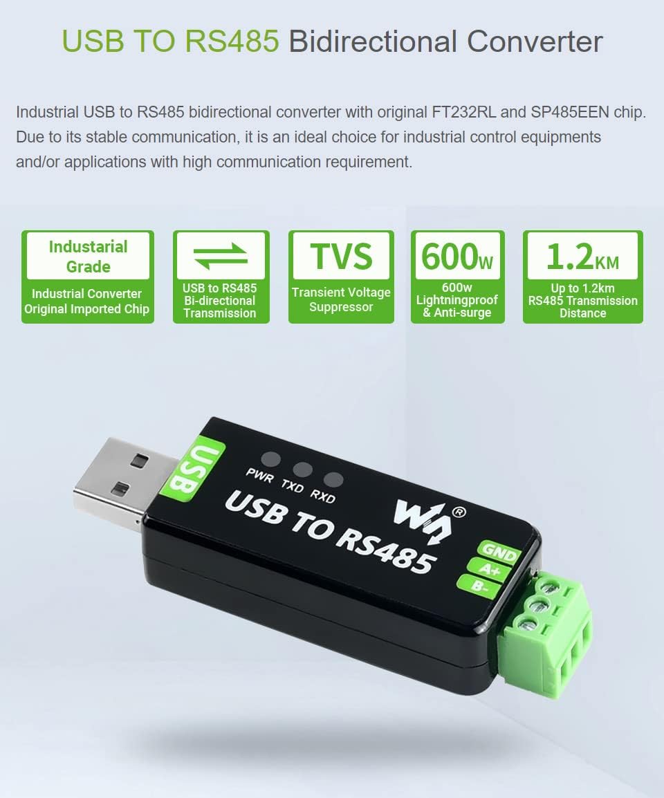 Waveshare Industrial USB to RS485 Converter with Original FT232RNL and SP485EEN Chips Automatic Tran