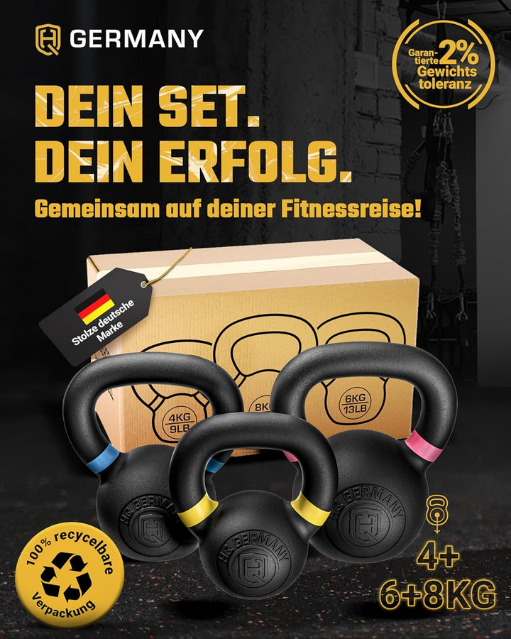 HQ Germany® Powdercoat Kettlebell | Vollguss | 2-32kg | Starter-Sets | ±2,0% Gewichtstoleranz +Start