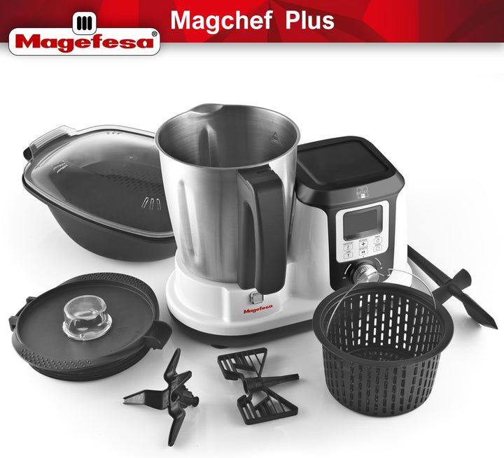 Magefesa Magchef Plus – Multifunktionaler Küchenroboter Weiss, 3,3L, 23 Funktionen, Rezeptbuch, Spat