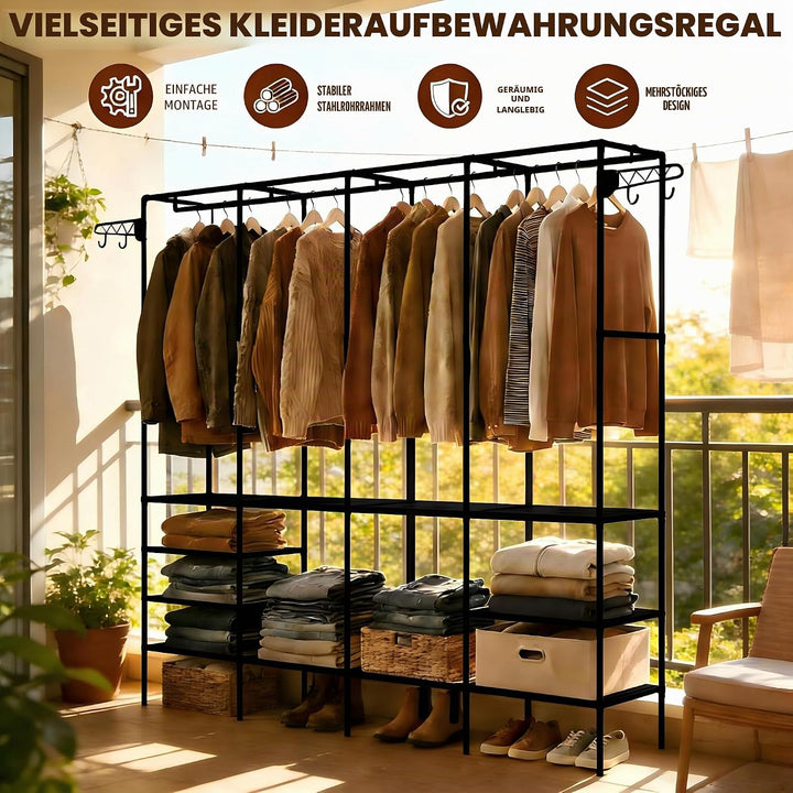 Kleiderständer 4 Ebenen, Offener Kleiderschrank mit Kleiderstange und Ablagen, Freistehender Kleider