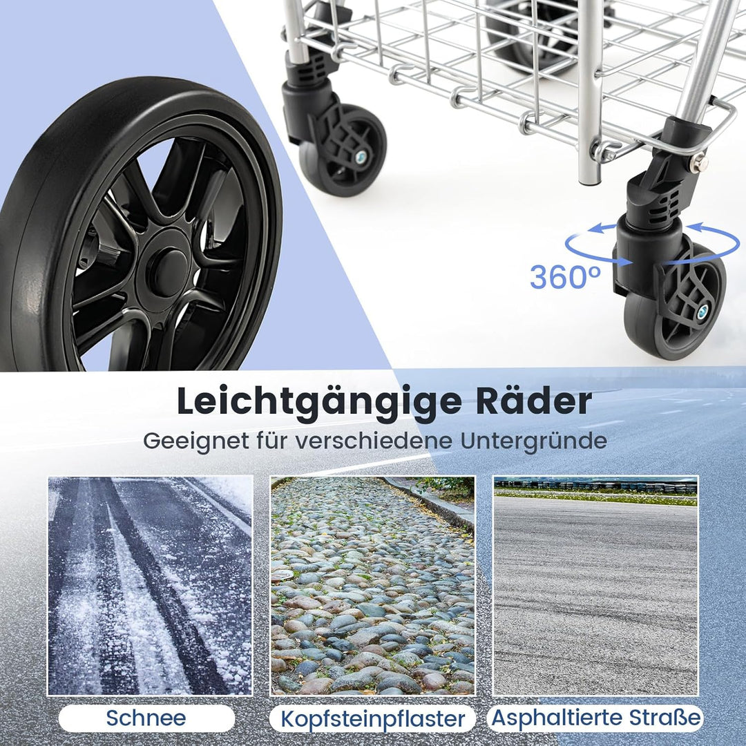 GYMAX Klappbarer Einkaufstrolley belastbar bis zu 20 kg, tragbarer Einkaufswagen mit Doppelkorb 48L+