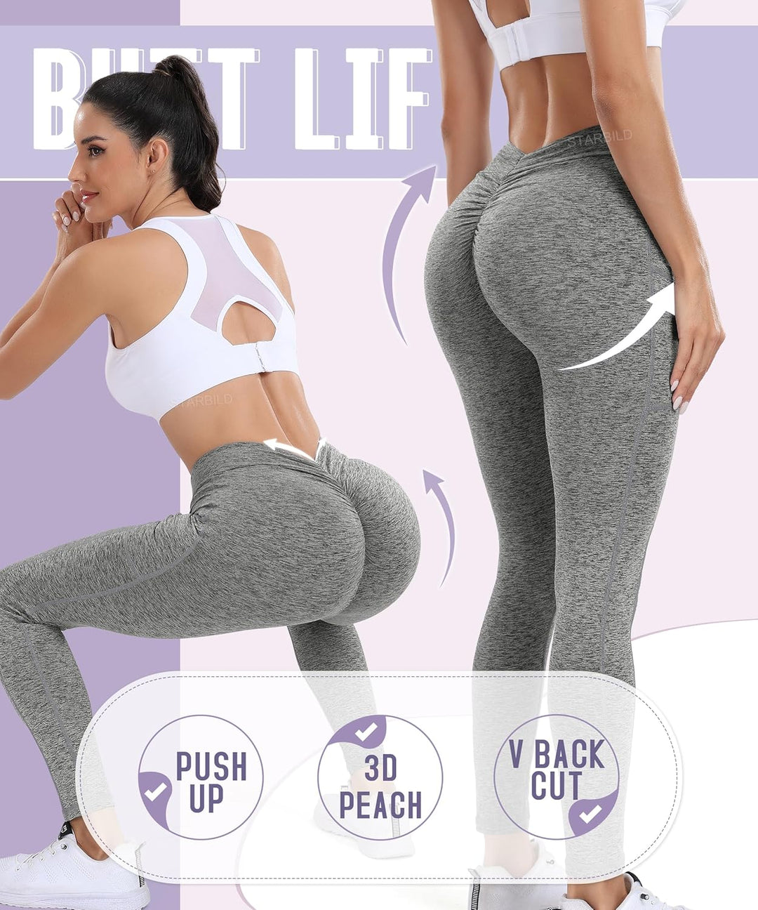 STARBILD Leggings Tiefer V Back Shape Sport, Damen Lange Yogahosen Blickdicht Scrunch Butt, für Fitn