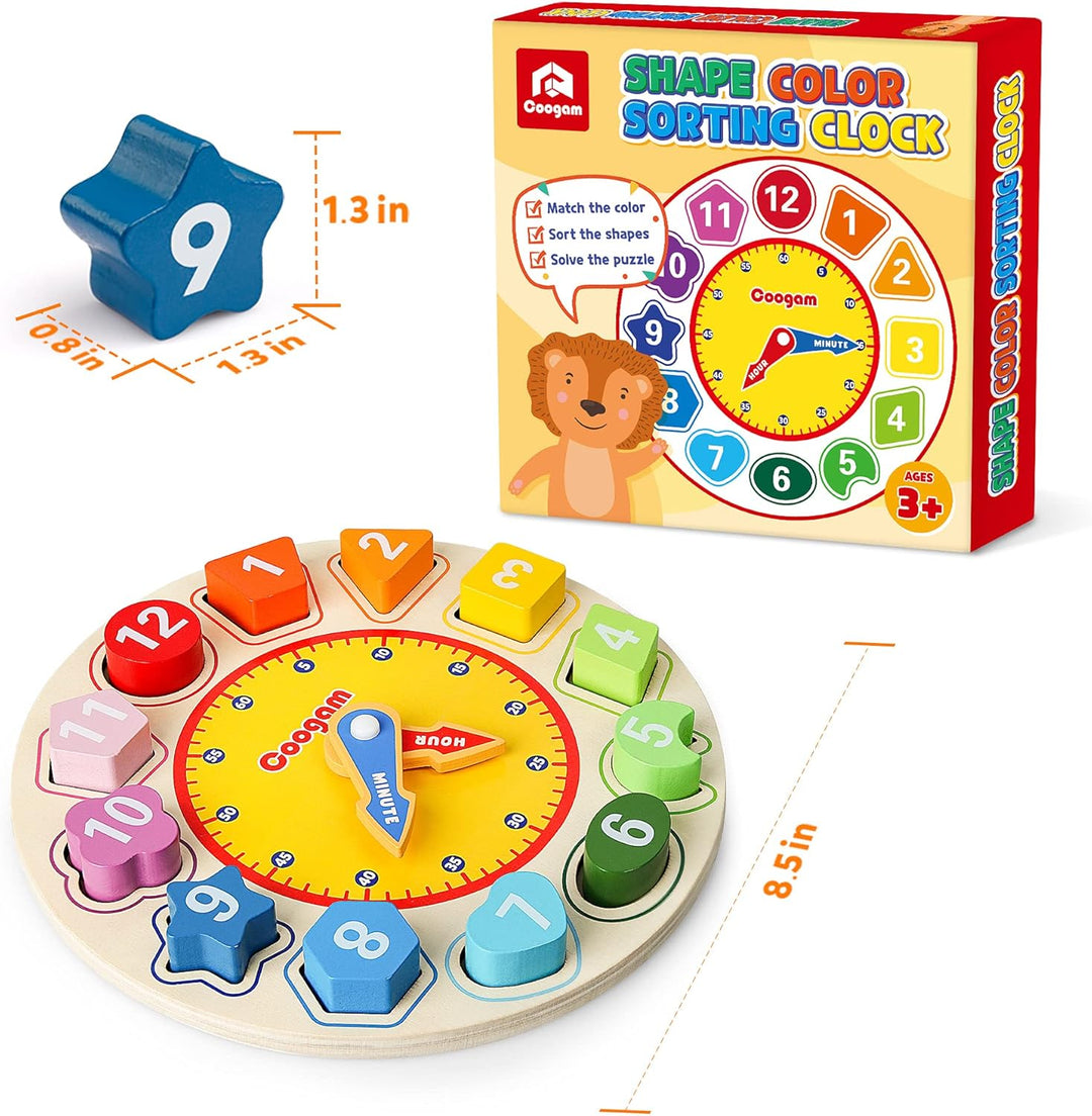 Coogam Lernuhr Holz Montessori Spielzeug mit 12 Steck-Formen Sortierung - Anzahl Blöcke Puzzle Stape