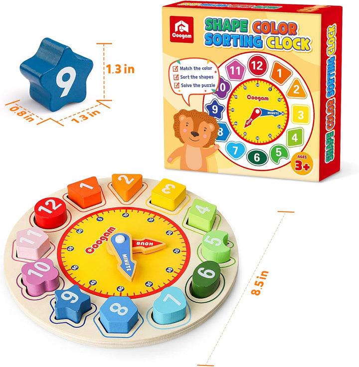 Coogam Lernuhr Holz Montessori Spielzeug mit 12 Steck-Formen Sortierung - Anzahl Blöcke Puzzle Stape