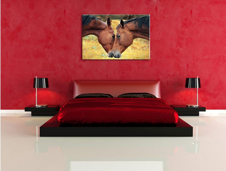 zwei schmusende Pferde, Format: 100x70 auf Leinwand, XXL riesige Bilder fertig gerahmt mit Keilrahme