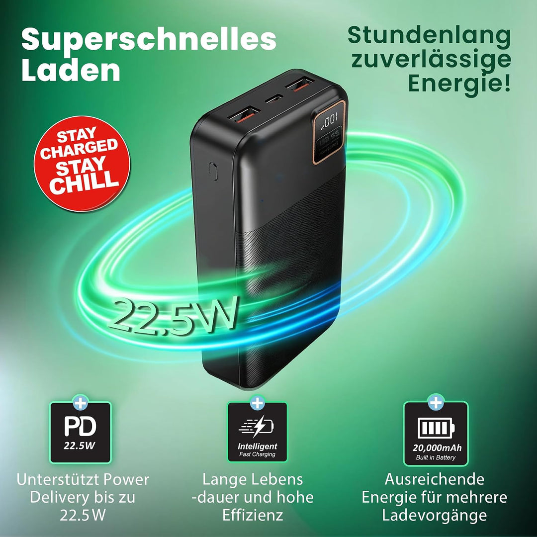 PATONA Premium Powerbank 20.000mAh PD 22.5W | 74Wh Power Bank mit Li-Polymer Batterie | Schnellladun
